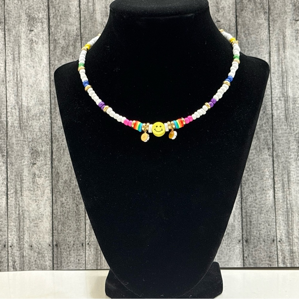 Colorful Beaded Necklace with Smiley Charm